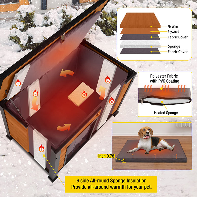 Morgete Insulated Outdoor Dog House with Insulated Liner, Winter Weatherproof Dog Kennel All-Around Iron Frame