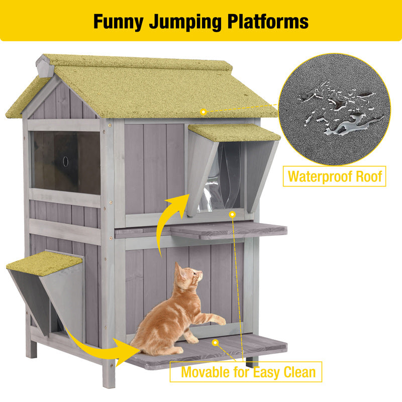 Aivituvin 2-Story Wooden Cat House AIR94, Waterproof Feral Cat Shelter
