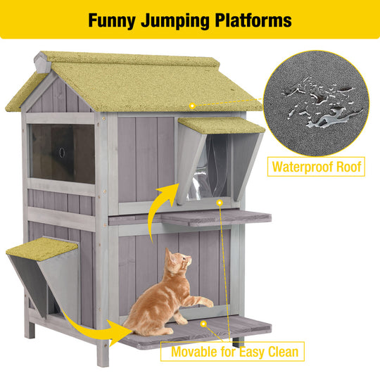 Aivituvin 2-Story Wooden Cat House AIR94, Waterproof Feral Cat Shelter