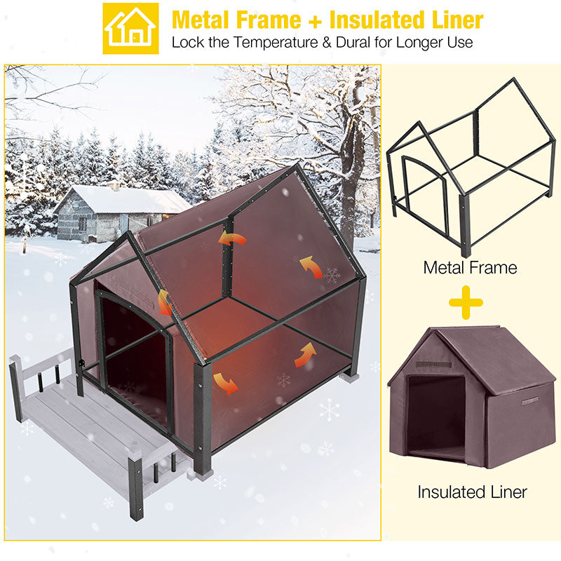 Morgete Insulated Dog House with Insulated Liner for Winter Outdoor Weatherproof Kennel All-Around Iron Frame