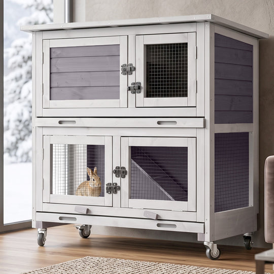 Aivituvin 2-Story Bunny Hutch AIR77 with Dividing Door, Dual Trays and Wheels