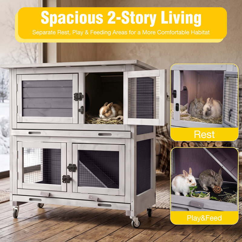 Aivituvin 2-Story Bunny Hutch AIR77 with Dividing Door, Dual Trays and Wheels