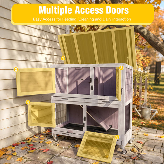 Aivituvin 2-Story Bunny Hutch AIR77 with Dividing Door, Dual Trays and Wheels