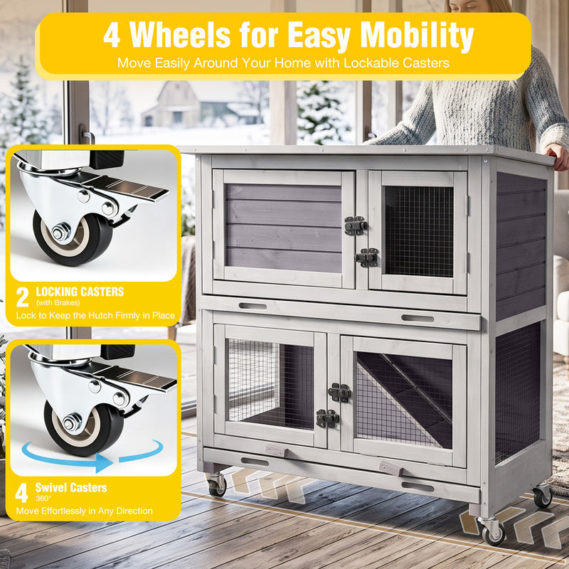 Aivituvin 2-Story Bunny Hutch AIR77 with Dividing Door, Dual Trays and Wheels