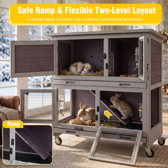 Aivituvin 2-Story Bunny Hutch AIR77 with Dividing Door, Dual Trays and Wheels