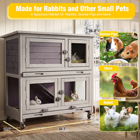 Aivituvin 2-Story Bunny Hutch AIR77 with Dividing Door, Dual Trays and Wheels