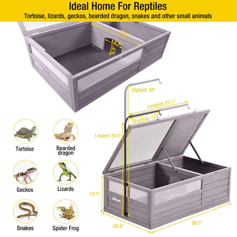 Morgete Tortoise Habitat Turtle Enclosure, Wooden Reptile Cage for Small Animals, Adjustable Light Stand