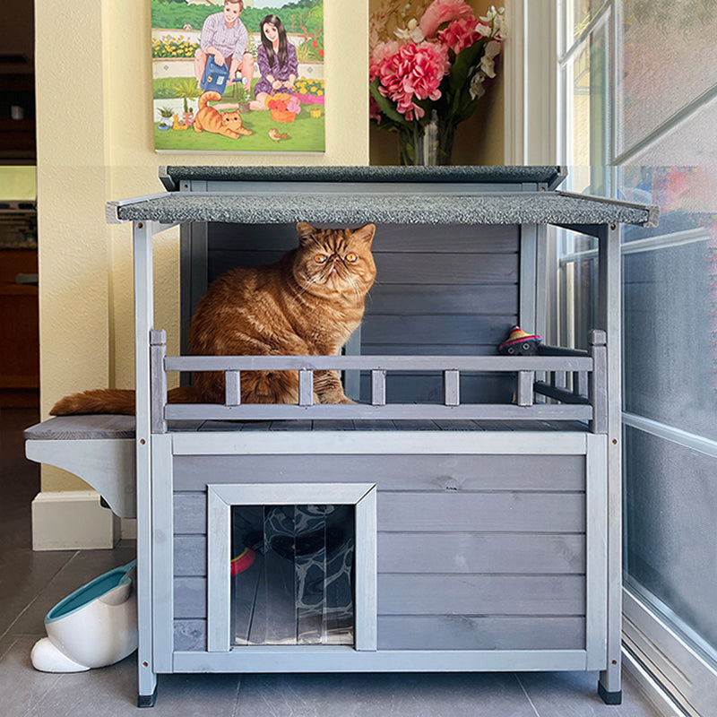 Morgete Outdoor Cat House Wooden Shelter with Balcony