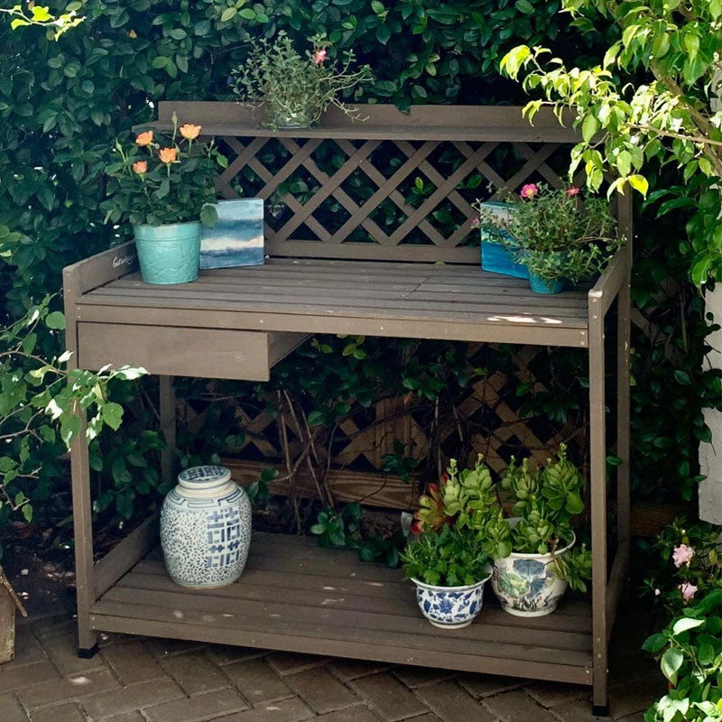 work bench for potting plants MEDEHOO Wooden Potting Bench Outdoor Workstation Gardening Table with Open Shelves, Cabinet Drawer