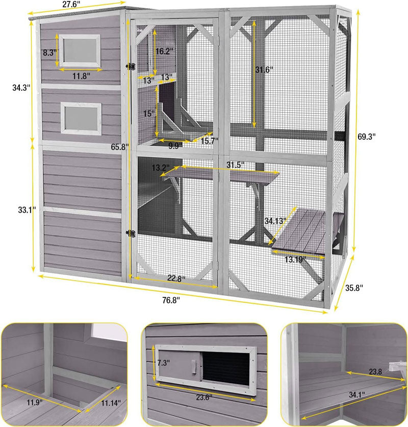 Morgete 70''H Large Cat House Walk-in Cat Cage Outdoor Catio Enclosure with 3 Resting Rooms and Platforms