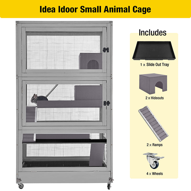 Morgete Wooden Small Animal Cages for Rats, Ferrets, Chinchillas and Guinea Pigs with Removable Tray and Wheels, 4-Tier, Gray