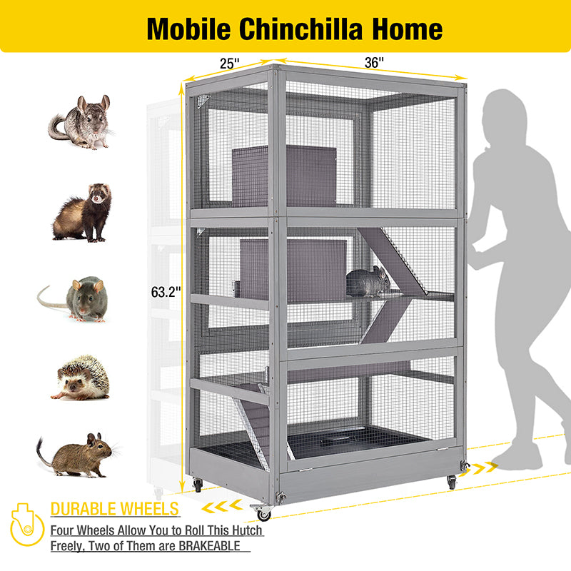 Morgete Wooden Small Animal Cages for Rats, Ferrets, Chinchillas and Guinea Pigs with Removable Tray and Wheels, 4-Tier, Gray