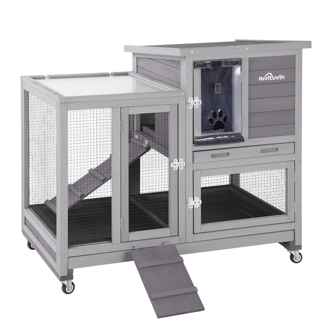 Aivituvin Gray Wooden Rabbit Hutch – Indoor/Outdoor Bunny Cage With Wire Floor Tray